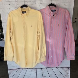 Bundle: 2 Polo Ralph Lauren Cotton Oxford Shirts - Pink Stripe & Solid Yellow 34
